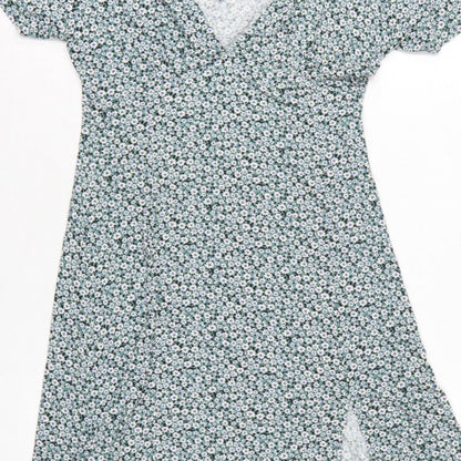 Pull&Bear Women Green Floral Size L Wrap Knee Dress V Neck