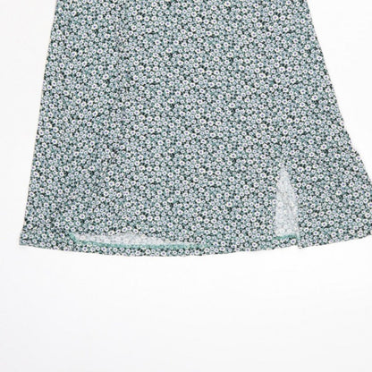 Pull&Bear Women Green Floral Size L Wrap Knee Dress V Neck