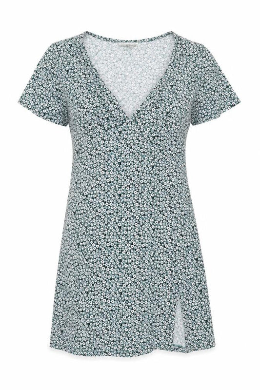 Pull&Bear Women Green Floral Size L Wrap Knee Dress V Neck