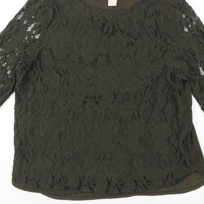H&M Women Green UK 12 Floral Lace Long Sleeve Lined Blouse