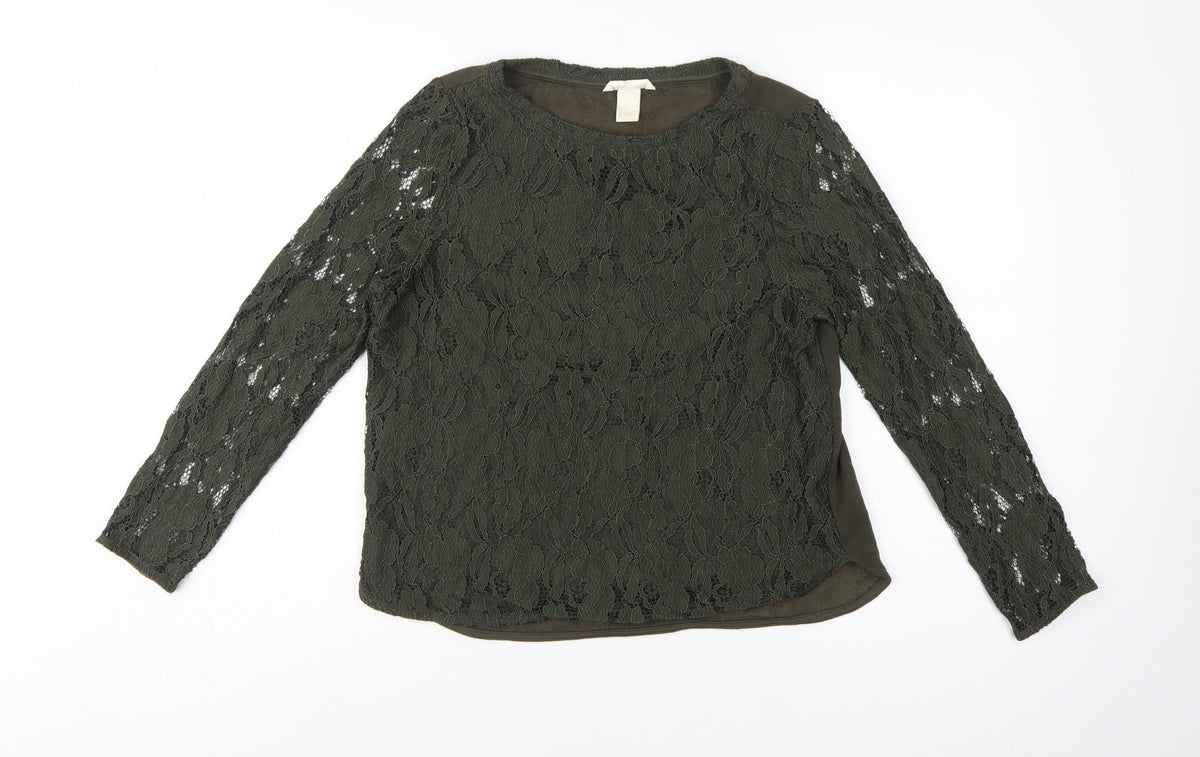 H&M Women Green UK 12 Floral Lace Long Sleeve Lined Blouse