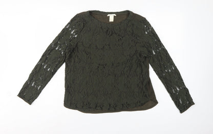H&M Women Green UK 12 Floral Lace Long Sleeve Lined Blouse