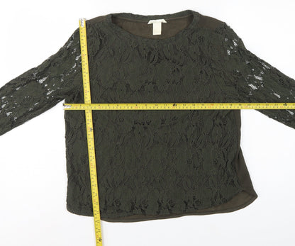 H&M Women Green UK 12 Floral Lace Long Sleeve Lined Blouse