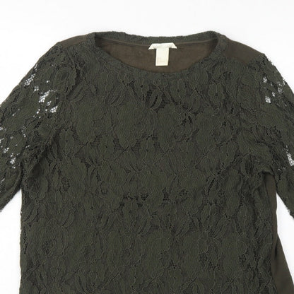 H&M Women Green UK 12 Floral Lace Long Sleeve Lined Blouse