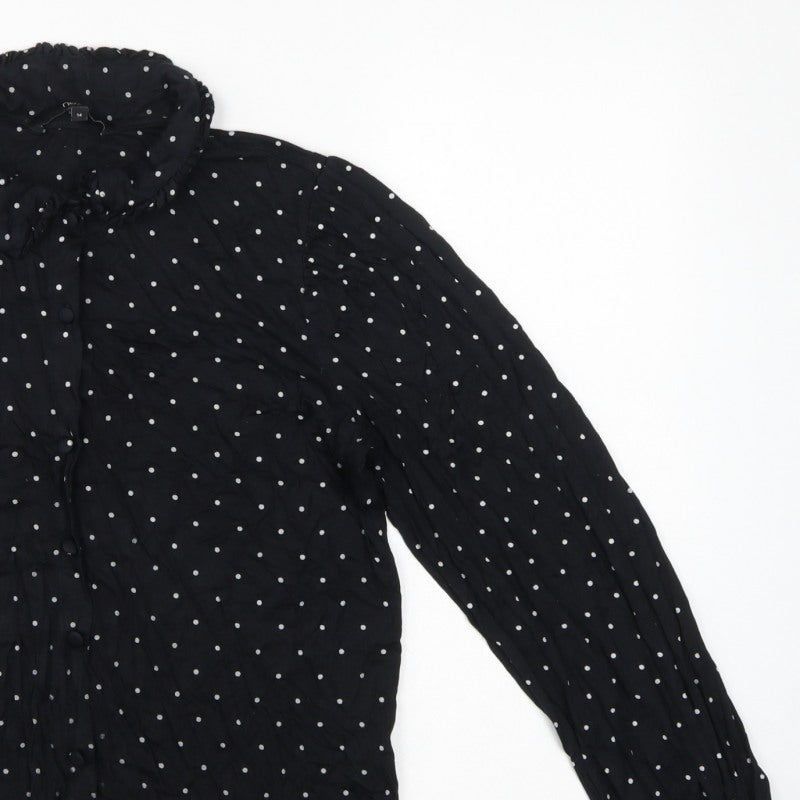 Next Women's Black Polka Dot Ruffle Button-Up Blouse UK 14 Long Sleeve