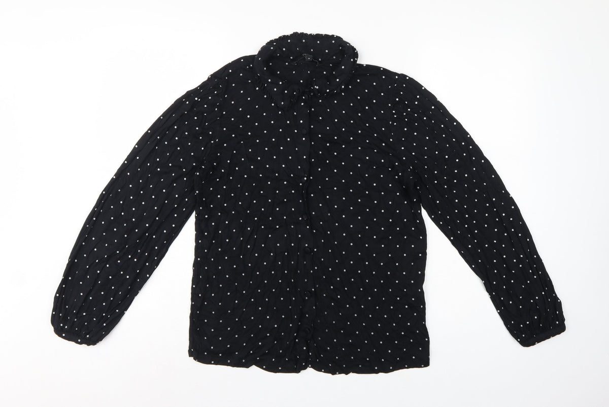 Next Women's Black Polka Dot Ruffle Button-Up Blouse UK 14 Long Sleeve