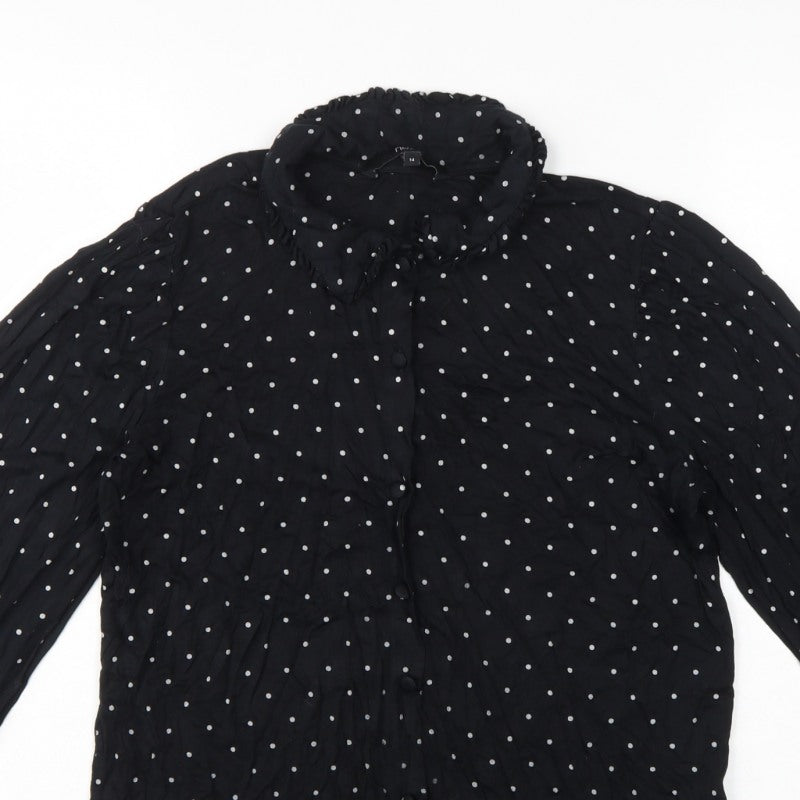 Next Women's Black Polka Dot Ruffle Button-Up Blouse UK 14 Long Sleeve