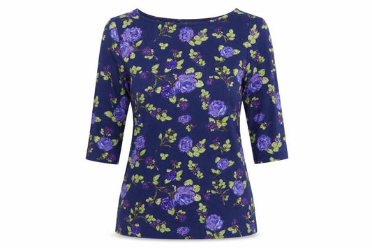 Lily & Me Women Blue Floral Viscose Jersey Tunic Top UK 10 3/4 Sleeve