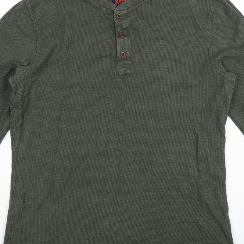 Superdry Men's Green XL Long Sleeve Waffle Henley T-Shirt Button Logo