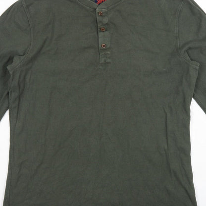 Superdry Men's Green XL Long Sleeve Waffle Henley T-Shirt Button Logo