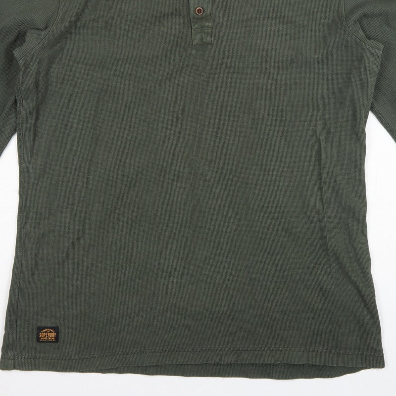 Superdry Men's Green XL Long Sleeve Waffle Henley T-Shirt Button Logo