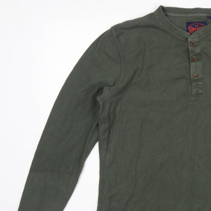 Superdry Men's Green XL Long Sleeve Waffle Henley T-Shirt Button Logo