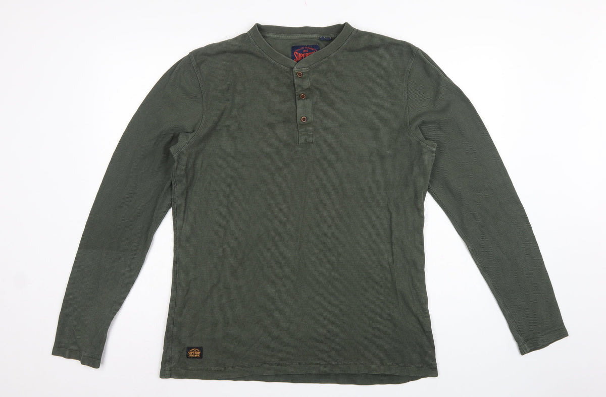 Superdry Men's Green XL Long Sleeve Waffle Henley T-Shirt Button Logo