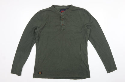 Superdry Men's Green XL Long Sleeve Waffle Henley T-Shirt Button Logo