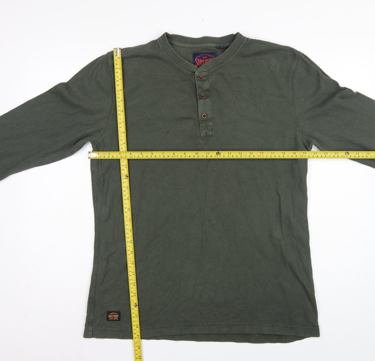 Superdry Men's Green XL Long Sleeve Waffle Henley T-Shirt Button Logo