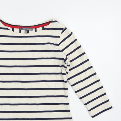 Laura Ashley Women Ivory Navy Stripe Boat Neck 3/4 Sleeve Top UK 10