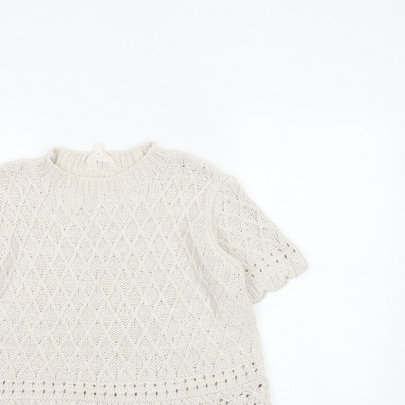 Per Una Women Ivory UK 14 Cable Knit Short Sleeve Crew Neck Top