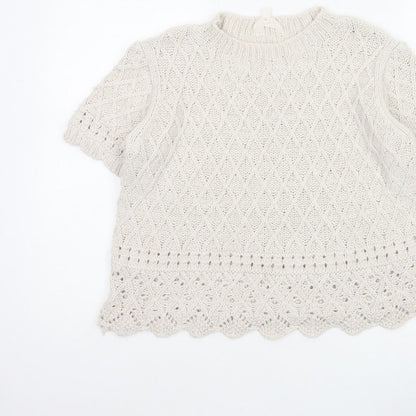 Per Una Women Ivory UK 14 Cable Knit Short Sleeve Crew Neck Top