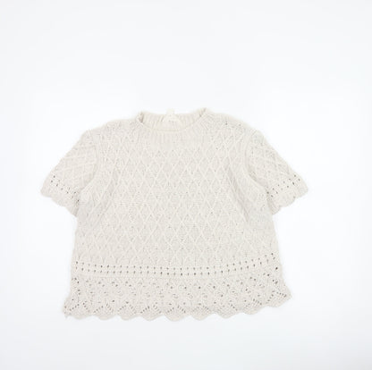 Per Una Women Ivory UK 14 Cable Knit Short Sleeve Crew Neck Top