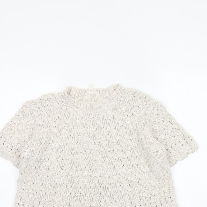 Per Una Women Ivory UK 14 Cable Knit Short Sleeve Crew Neck Top