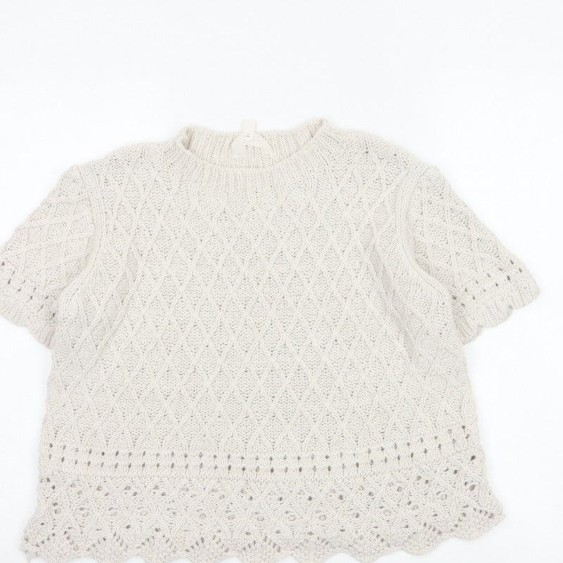 Per Una Women Ivory UK 14 Cable Knit Short Sleeve Crew Neck Top