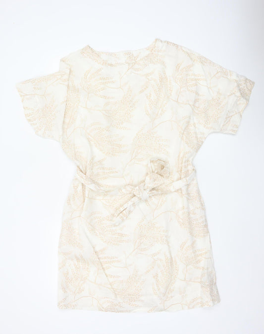 Per Una Women Ivory Floral Linen Blend Shift Dress UK 12 Belted