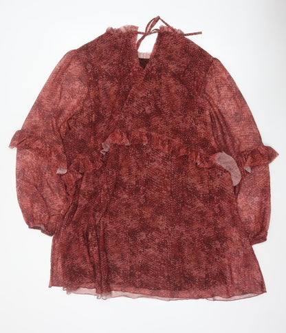M&S Women Red Animal Print Mesh Ruffle Shift Dress UK 22