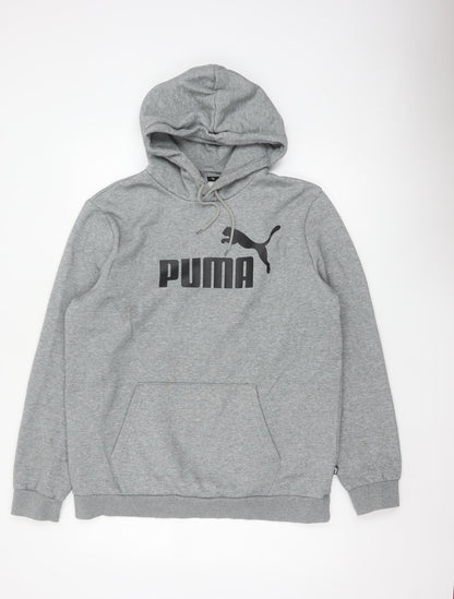 Puma Men's Grey L Pullover Hoodie Logo Graphic Print Kangaroo Pocket