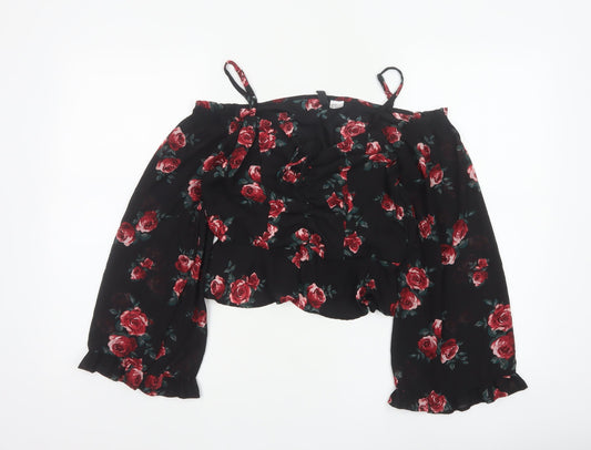 Divided H&M Women Black Floral UK 12 Off Shoulder Wrap Blouse