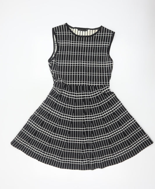 Zara Women Black Check Fit & Flare Knee Length Dress Size L