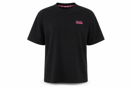 Front view of Barbie The Movie unisex adults black xl graphic logo t-shirt 2023