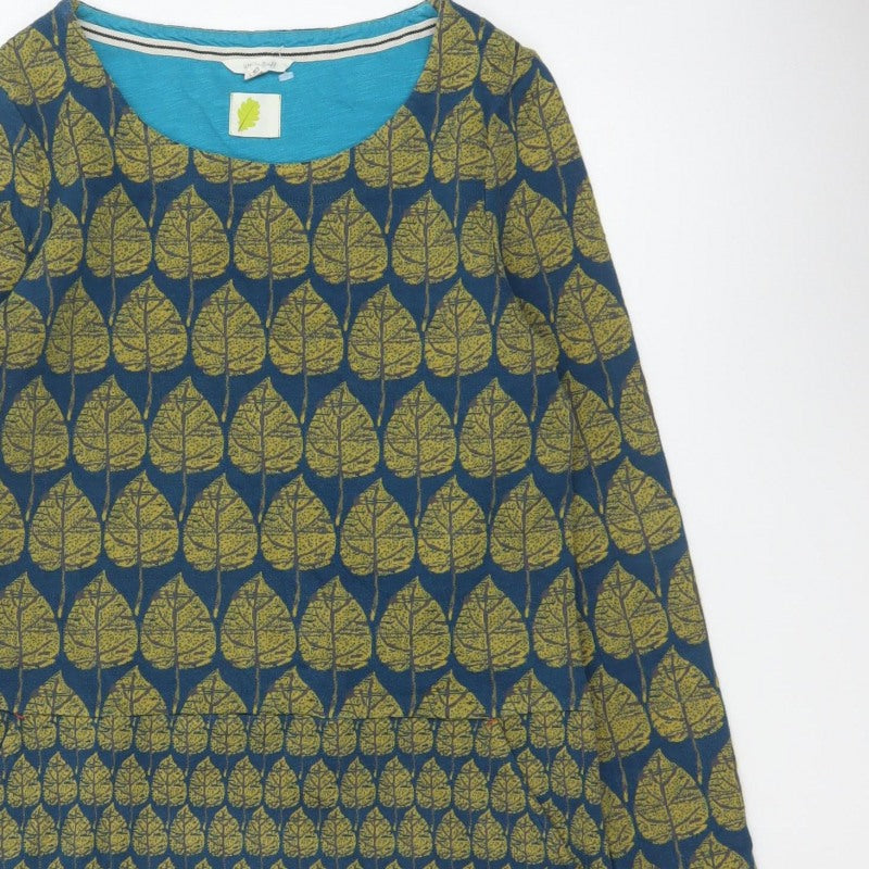 White Stuff Women Blue Leaf Print Tunic Top UK 12 Long Sleeve Cotton