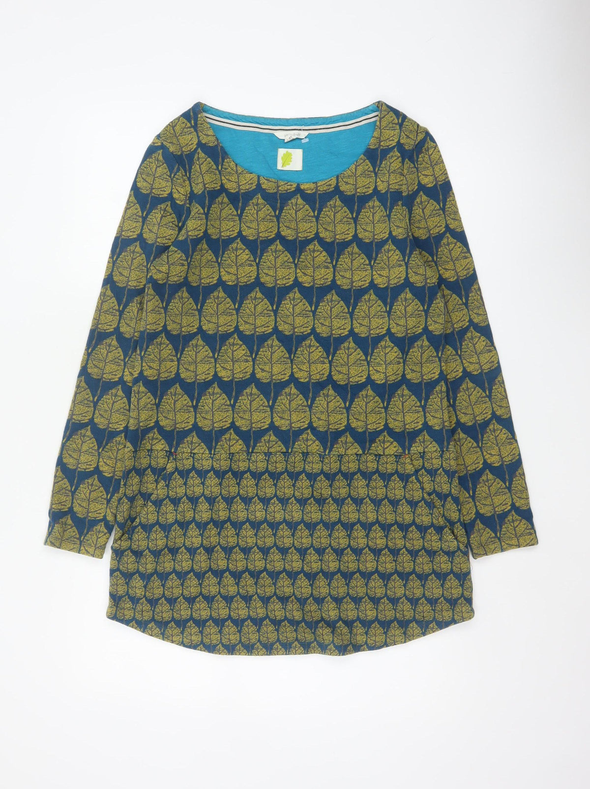 White Stuff Women Blue Leaf Print Tunic Top UK 12 Long Sleeve Cotton
