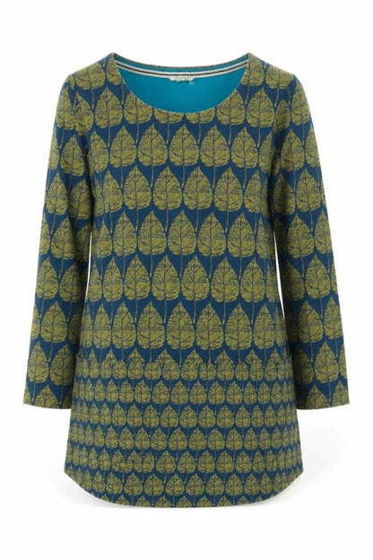 White Stuff Women Blue Leaf Print Tunic Top UK 12 Long Sleeve Cotton