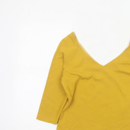 Jasper Conran Women Yellow Size 12 V-Neck 3/4 Sleeve Stretch Blouse