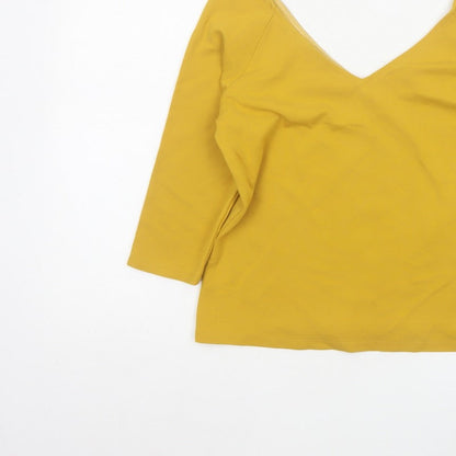 Jasper Conran Women Yellow Size 12 V-Neck 3/4 Sleeve Stretch Blouse