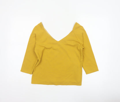 Jasper Conran Women Yellow Size 12 V-Neck 3/4 Sleeve Stretch Blouse