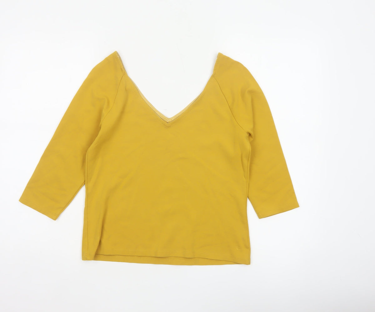 Jasper Conran Women Yellow Size 12 V-Neck 3/4 Sleeve Stretch Blouse