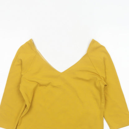 Jasper Conran Women Yellow Size 12 V-Neck 3/4 Sleeve Stretch Blouse