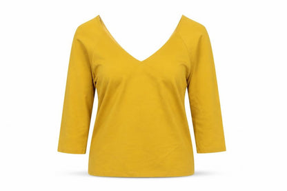 Jasper Conran Women Yellow Size 12 V-Neck 3/4 Sleeve Stretch Blouse