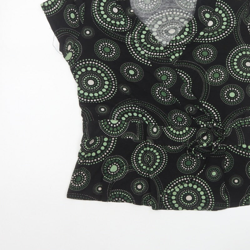 J Taylor Women’s Black Green Geometric Wrap Blouse UK 16 Short Sleeve