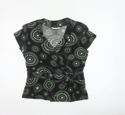 J Taylor Women’s Black Green Geometric Wrap Blouse UK 16 Short Sleeve