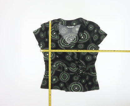 J Taylor Women’s Black Green Geometric Wrap Blouse UK 16 Short Sleeve