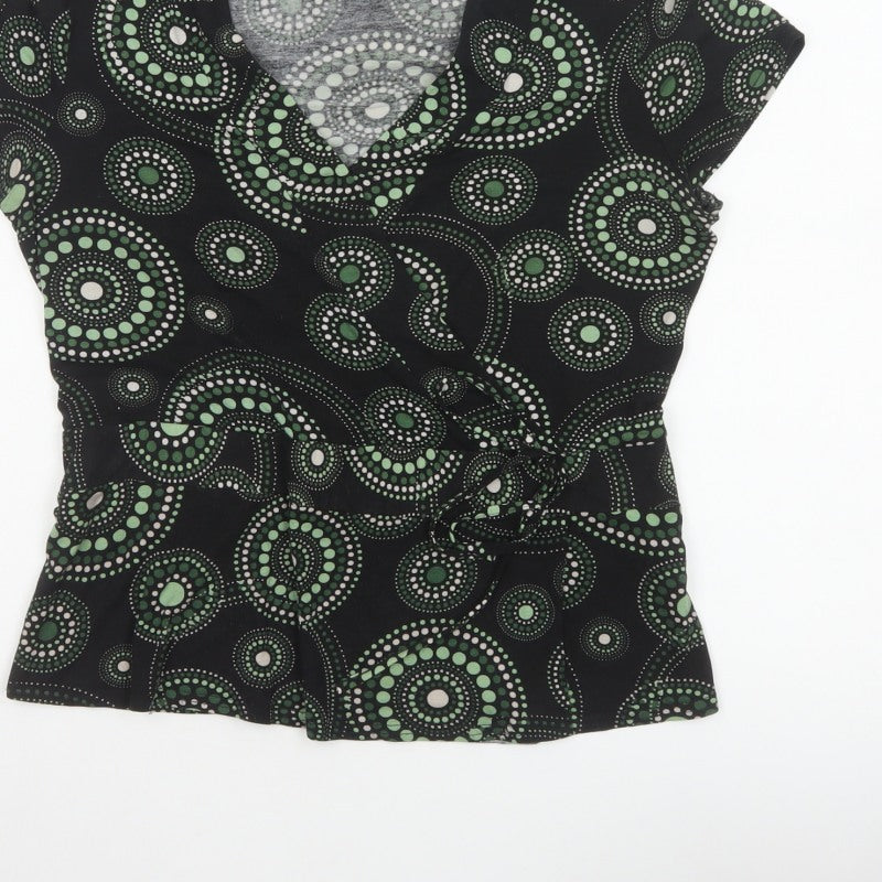 J Taylor Women’s Black Green Geometric Wrap Blouse UK 16 Short Sleeve