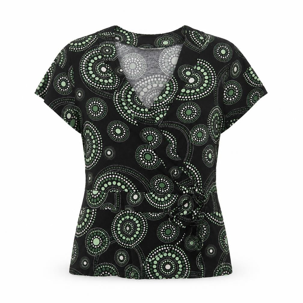 J Taylor Women’s Black Green Geometric Wrap Blouse UK 16 Short Sleeve