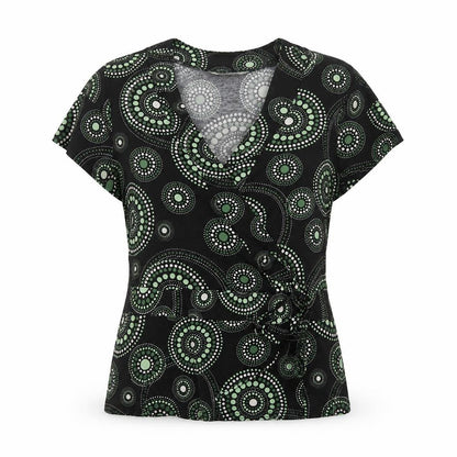 J Taylor Women’s Black Green Geometric Wrap Blouse UK 16 Short Sleeve