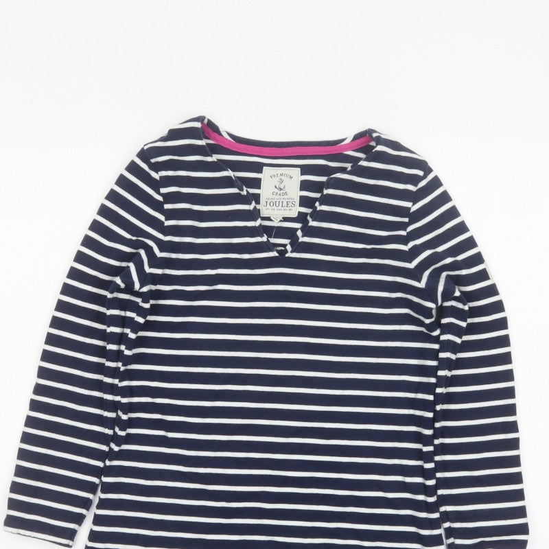 Joules Women’s Blue White Stripe Cotton V-Neck Long Sleeve Top UK 8