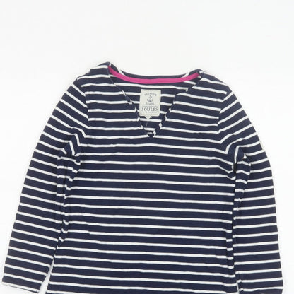 Joules Women’s Blue White Stripe Cotton V-Neck Long Sleeve Top UK 8