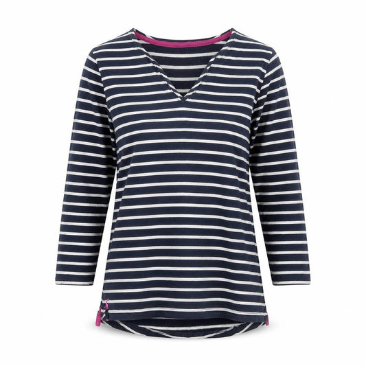 Joules Women’s Blue White Stripe Cotton V-Neck Long Sleeve Top UK 8