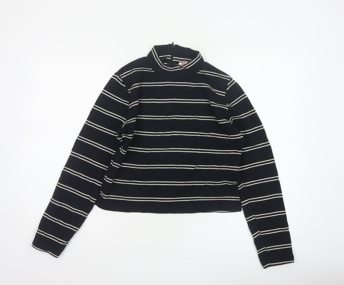 Levi's Women Black White Stripe Cropped High Neck Zip Long Sleeve Top L